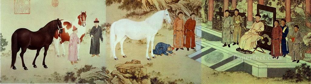 Lang shining tribute of horses antique Chinese Oil Paintings
